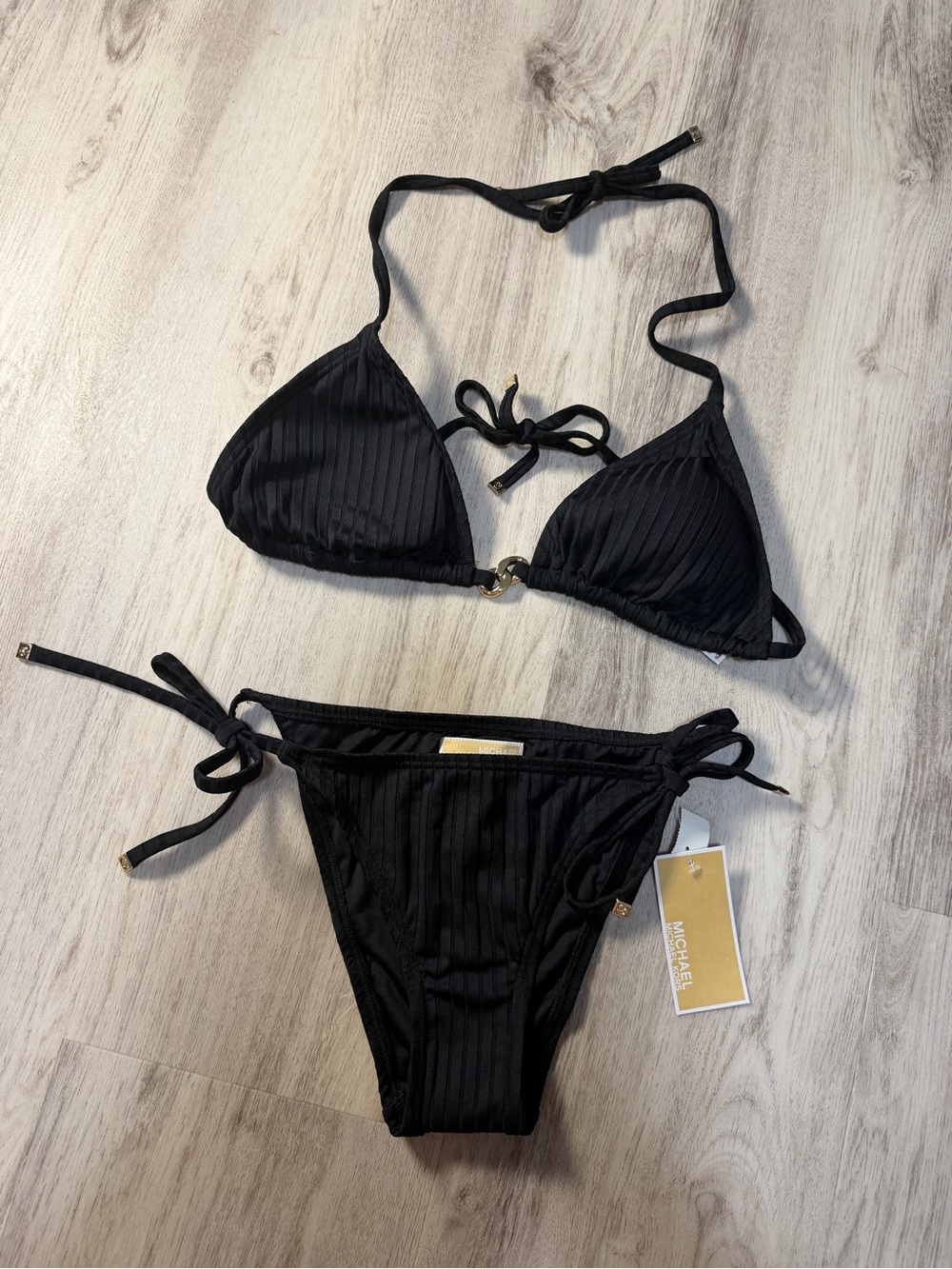 Michael Kors Black Ribbed Tie-Side Bikini Set